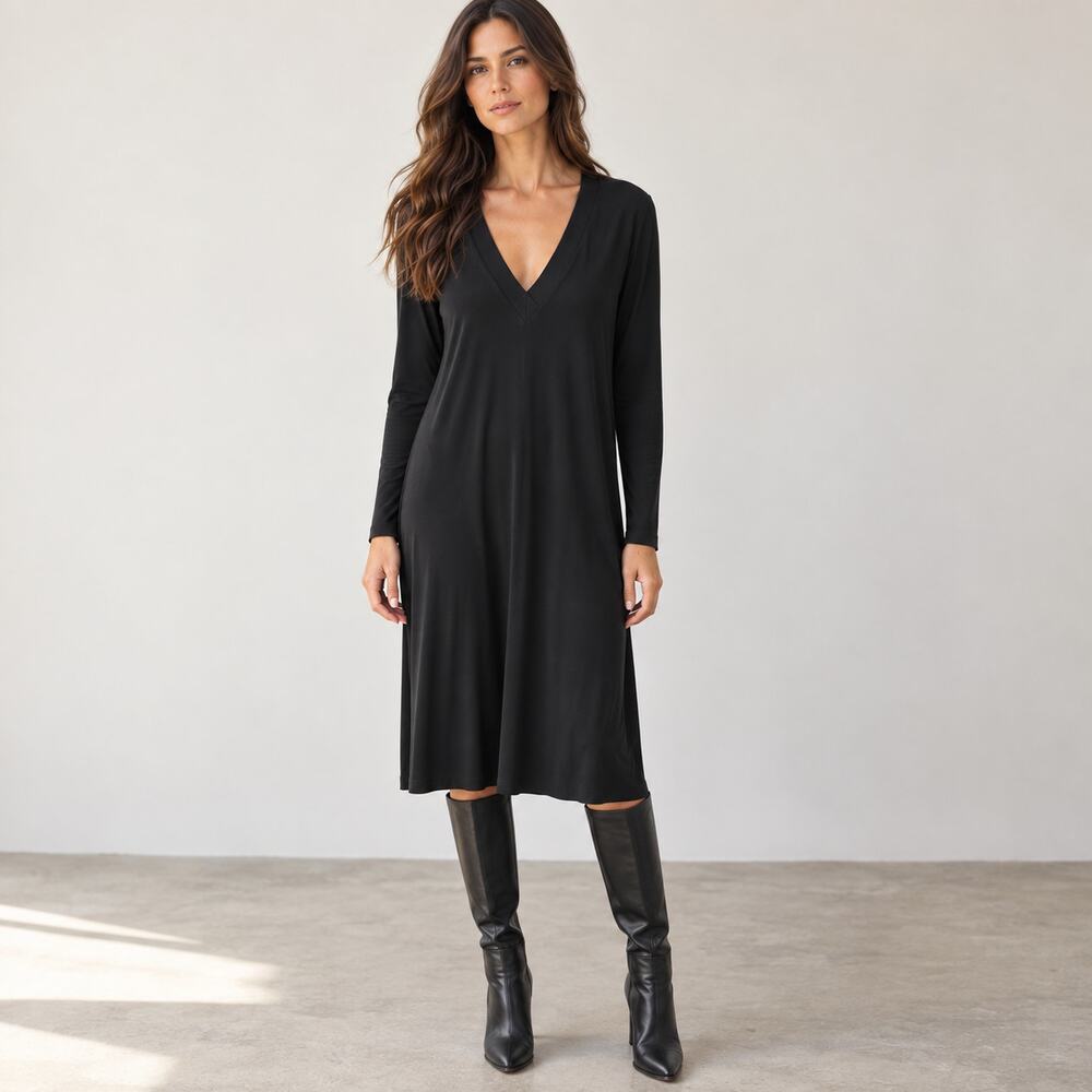 Norma Kamali Dress Womens Black Jersey V Neck Long Sleeve Midi Minimalist LBD